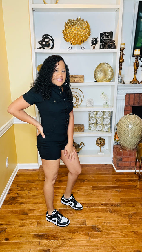 Midnight chic black denim romper