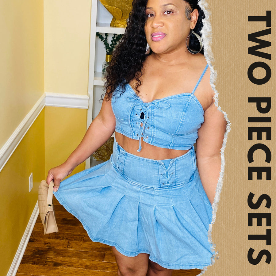 two piece denim skirt set with bustier crop top