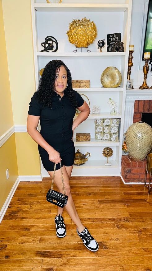 Midnight chic black denim romper