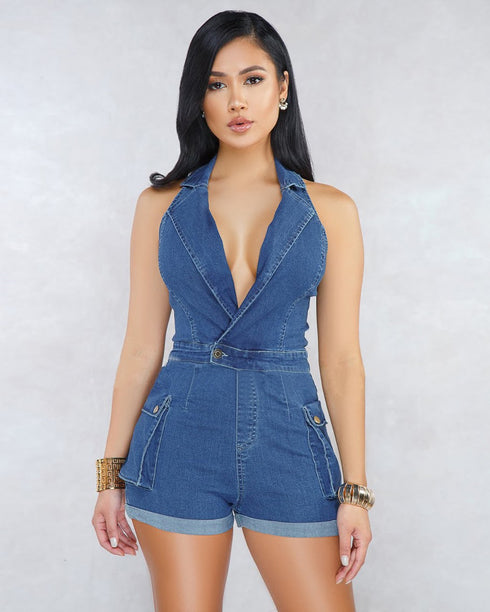 denim romper - dark wash