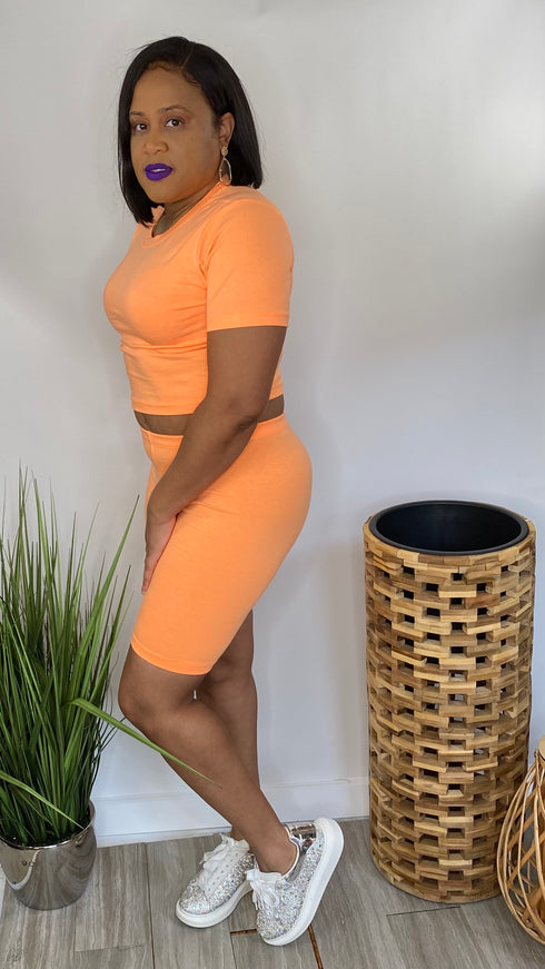 Over You - neon coral crop top and biker short set
