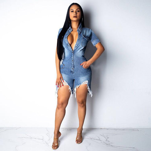Savanna - distressed denim romper
