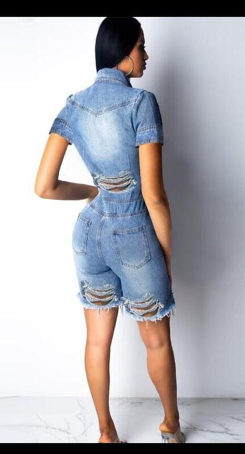 Savanna - distressed denim romper
