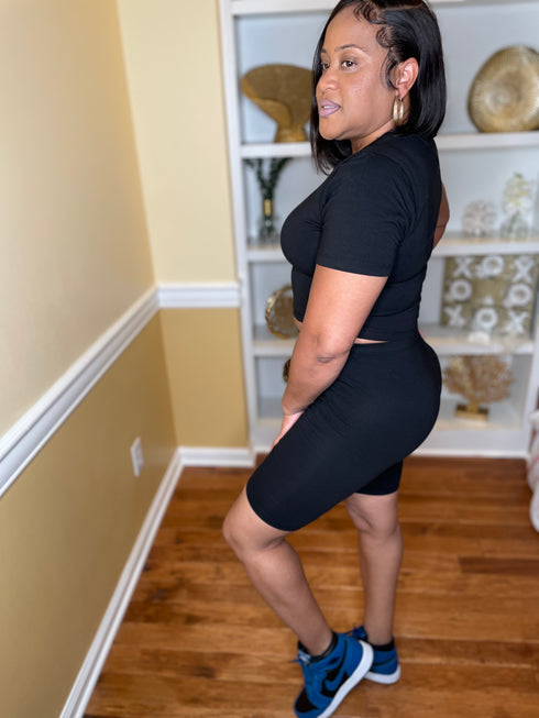 Over You - black crop top and biker shorts set