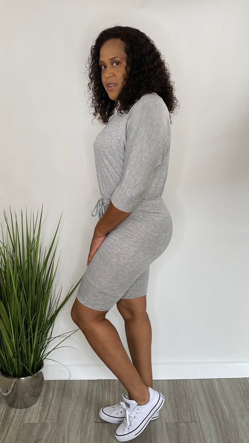 Soft Kisses | Drawstring waist romper (heather gray)