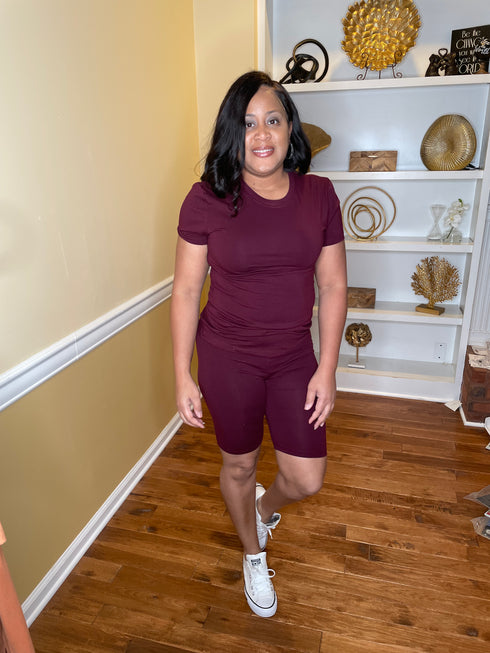 On Vacation- dark burgundy two piece short set