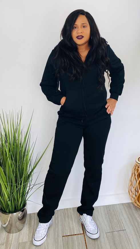 Weekend Ready|Faux Fur lined Basic Sweatsuit-Black