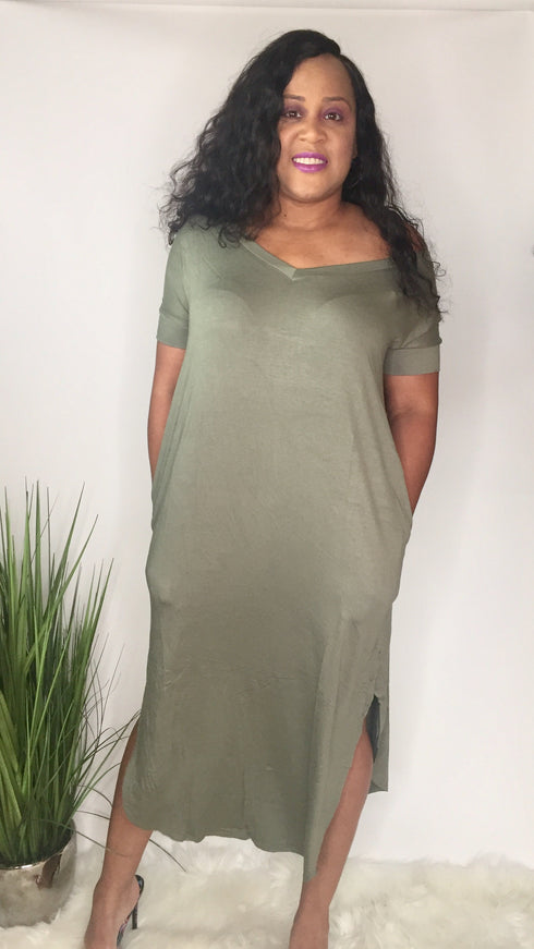 Summer Getaway | v neck dress (light olive)