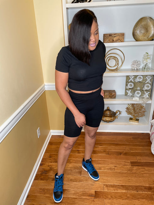 Over You - black crop top and biker shorts set