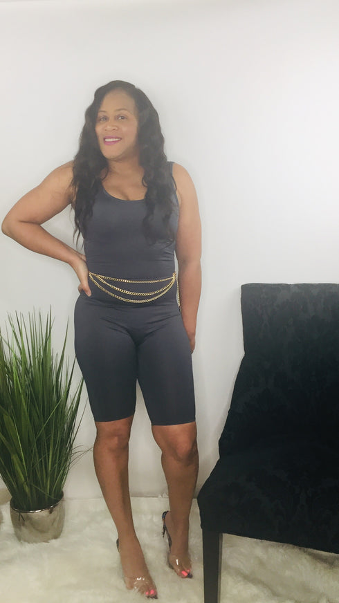 Call you later biker romper (charcoal)