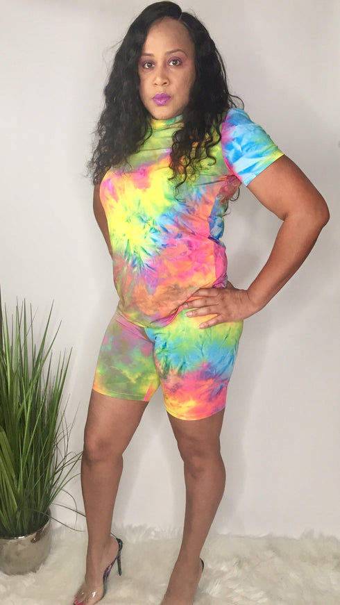 Candy Crush tie dye biker short set (pink/yellow)
