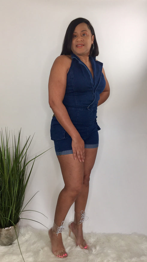 denim romper - dark wash