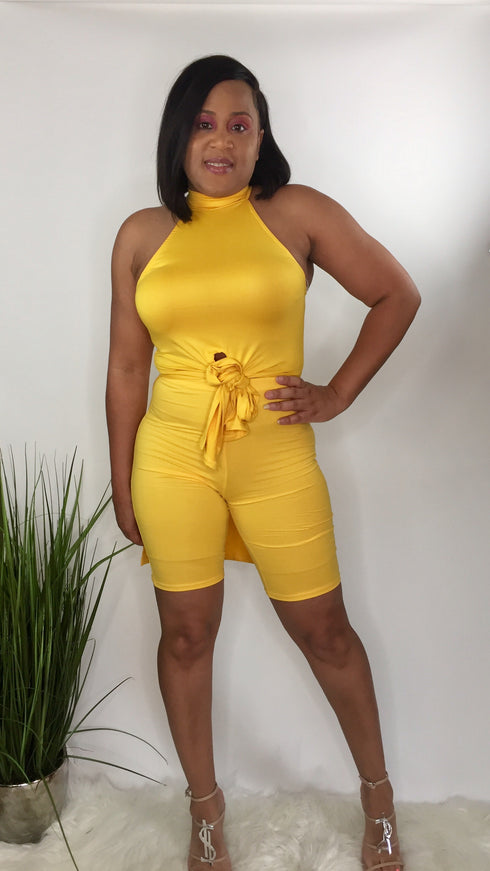 High Life |Mock neck top biker short set-yellow