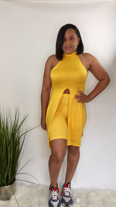 High Life |Mock neck top biker short set-yellow