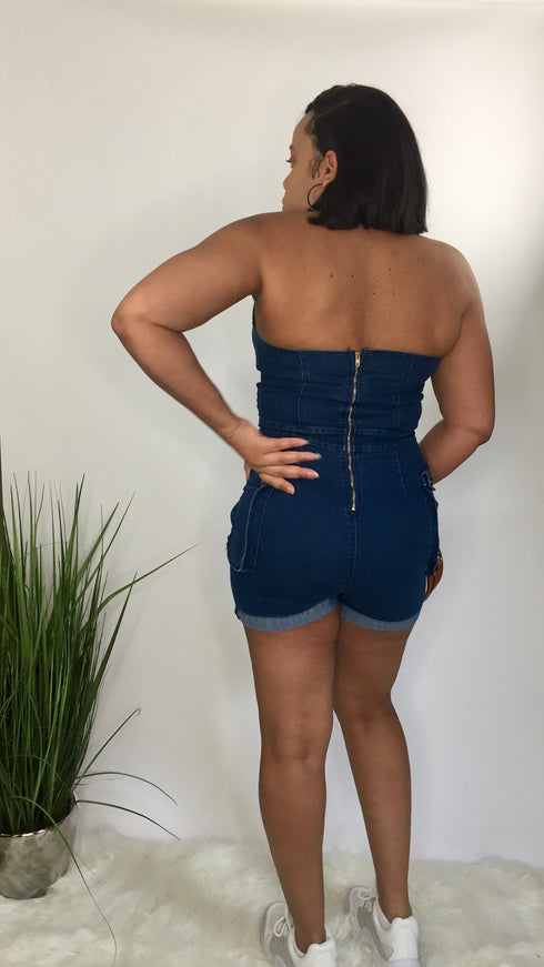 denim romper - dark wash